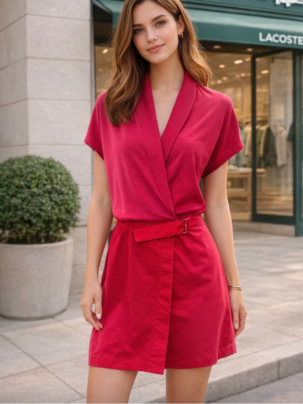 NWT Lacoste Hot Pink & Red Polo Wrap Style Mini Dress w/ Belt Size 40 = Size 8